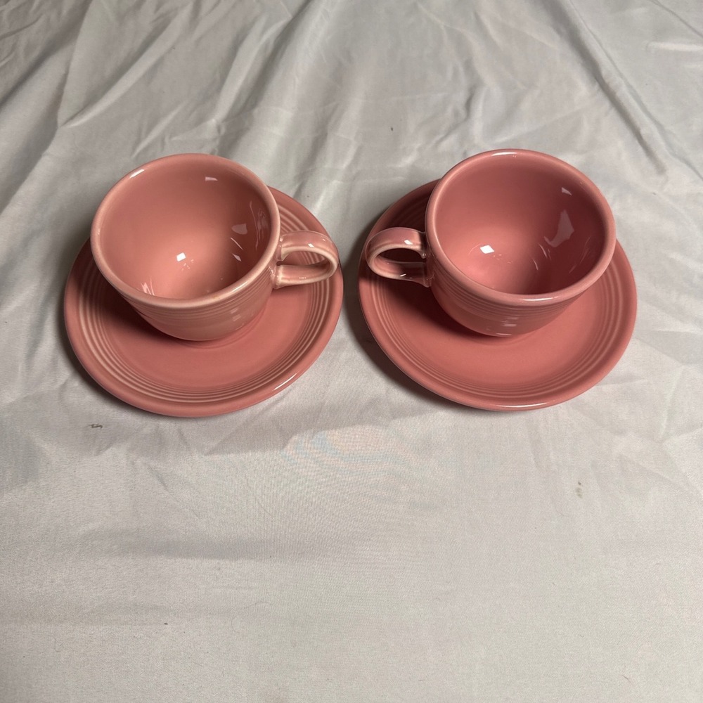 Fiesta Tea Cup Saucer Set 2 Rose Pink Excellent Vintage Ceramic Concentric Rings